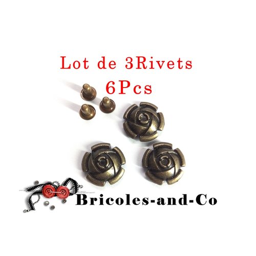 Rivet fleur, bronze, bouton rose, bouton-pression fleur, n°1000. lot de 3 rivets en 6pcs.  