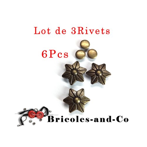 Rivet fleur, b, bronze, bouton floral étoile, bouton-pression fleur, n°1000. lot de 3 rivets en 6pcs. 