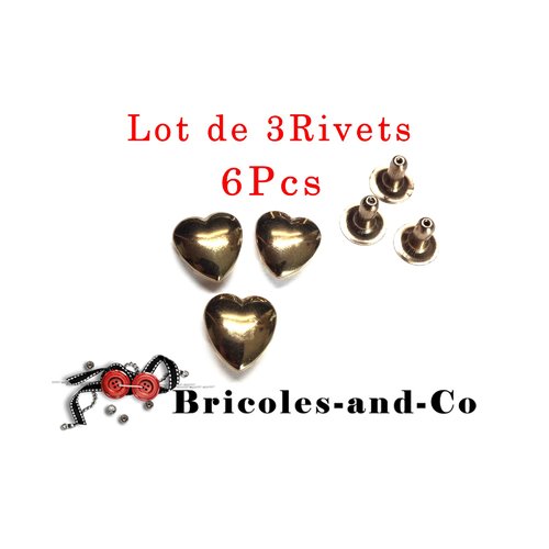 Rivet cœur, doré, 1cm, bouton brad,  amour, bouton-pression cœur, n°811. lot de 3 rivets en 6pcs. 