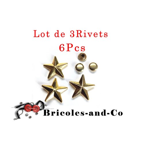 Rivet étoile, doré, bouton métal 19mm, bouton-pression étoile, n°24. lot de 3 rivets en 6pcs. 