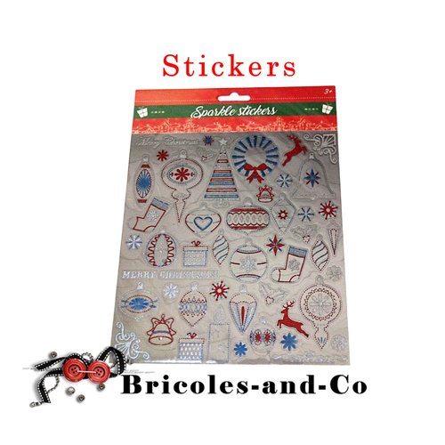 Stickers glitters de noel motifs  argent bleu  et rouges pour vos créations de noel scrap, carterie, diy.