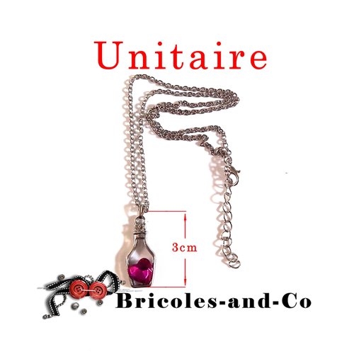 Pendentif  bouteille, cœur rose, bouchon strass, avec chaine argenté.  taille bout : 3cmx 1,2cm . unitaire  n°802