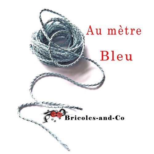 Cordon cuir bleu tressée au mètre, diamètre 3mm environ, pour créations  bracelet collier bijoux anse.