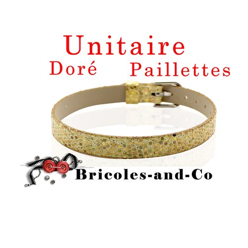 Bracelet doré en cuir à paillettes, longueur 22cm , largueur 8mm environ, bijoux fin et à la mode.