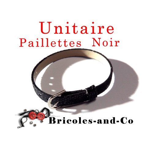 Bracelet noir en cuir à paillettes, longueur 22cm , largueur 8mm environ, bijoux fin et à la mode.