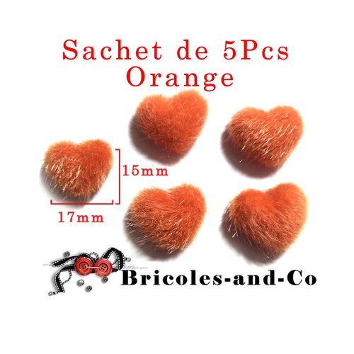 Cœur peluche orange de 15x17mm .embellissement scrapbooking. lot 5 piéces. n°803