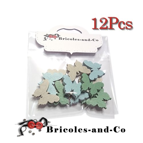 Papillon bleu gris et vert stickers  en bois lot de 12pcs