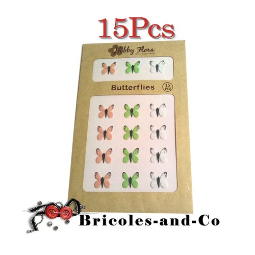 Papillon sticker paillettes  blanc rose et vert sachet de 15pcs