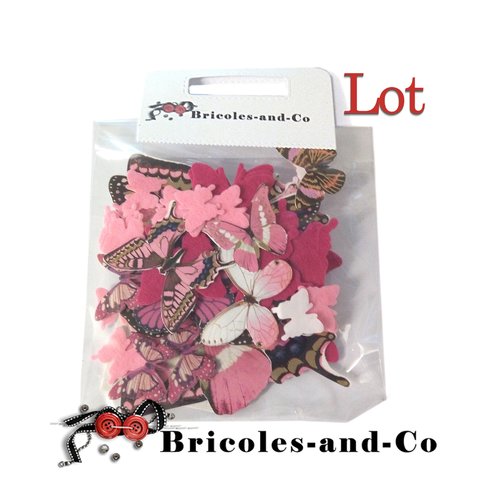 Papillon set rose  en papier, bois et feutrine stickers  lot de 22pcs  environs