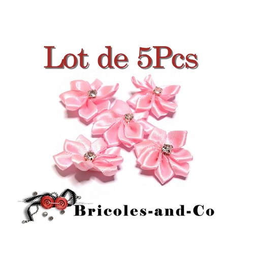 Fleur strass ruban rose sachet de5pcs embellissement scrap