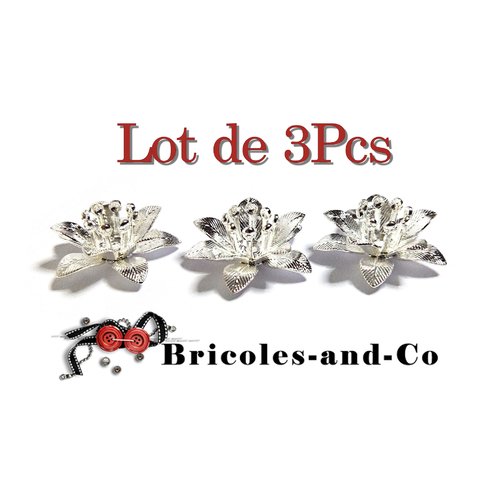 Fleur argenté modèle e socle lot 3pcs taille environ 16mm