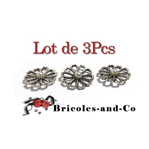 Fleur argenté marguerite perle lot 3pcs taille environ 17mm