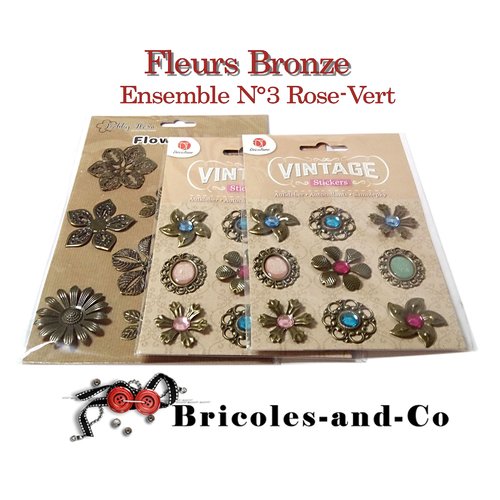 Fleur métal. ensemble n°3 rose-vert  3 sachets embellissement scrap