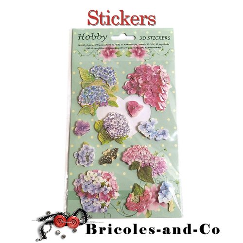 Fleur stickers  hortensia 3d  une planche  de 12pcs
