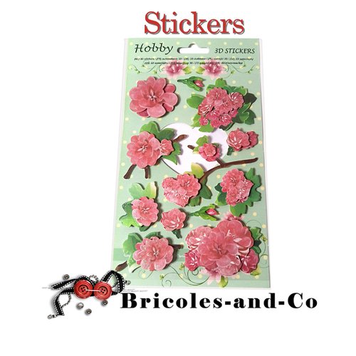 Fleur stickers  rose  3d  une planche  de 12pcs