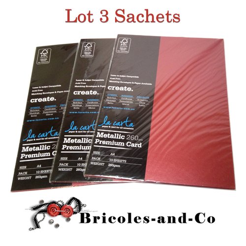 Papier métallic rouge  260g la carta  10feuillesx3 sachets pour vos créations scrap, carterie, diy.