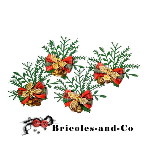 Noël  branche cloche ruban écossais  4pcs