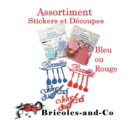 Stickers cuisine a et découpes mots, couleurs : bleu ou rouge. assortiment embellissements scrap.