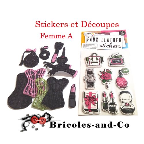 Stickers femme a et découpes, couleurs : noire-rose et verte. assortiment embellissement girly scrap.