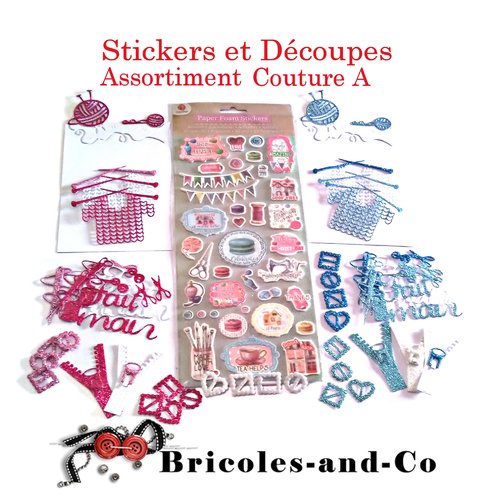 Stickers couture a planche avec 37 stickers et découpes. couleur bleu et rose. assortiment embellissements scrap.
