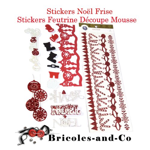 Stickers noël frise, planche avec 4 bandes et 15 mousse , découpes. couleur rouge blanc. assortiment  noêl embellissements scrap.