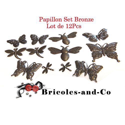 Papillon  bronze set lot de 12pcs, embellissements,  charms.