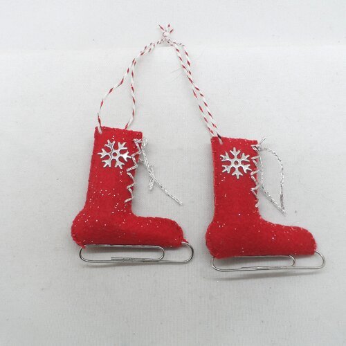N°62 paire de patins à glace n°24 rouge à paillette flocon  lame lacets argenté  ficelle rouge et blanche