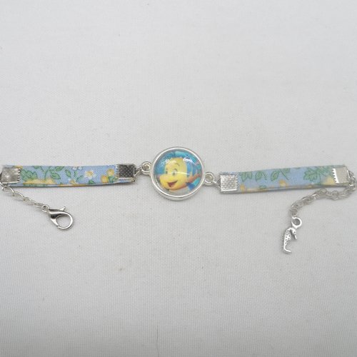 N°80 bracelet enfant cabochon 16 mm poisson tissu fleuri jaune fond bleu 