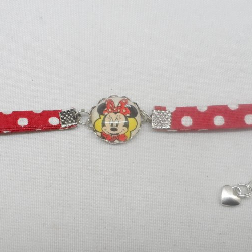 N°80 bracelet enfant cabochon 16 mm  souris   tissu fond rouge à pois blancs   breloque cœur