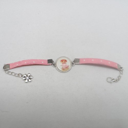 N°80 bracelet enfant cabochon 16 mm  sarah kay  tissu fond rose à pois blanc   breloque fleur 