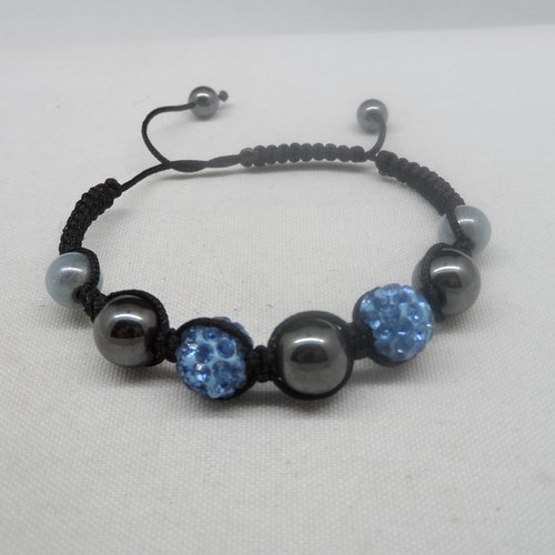 N°76 bracelet  shamballa perles strass bleues cordelette noir n°35