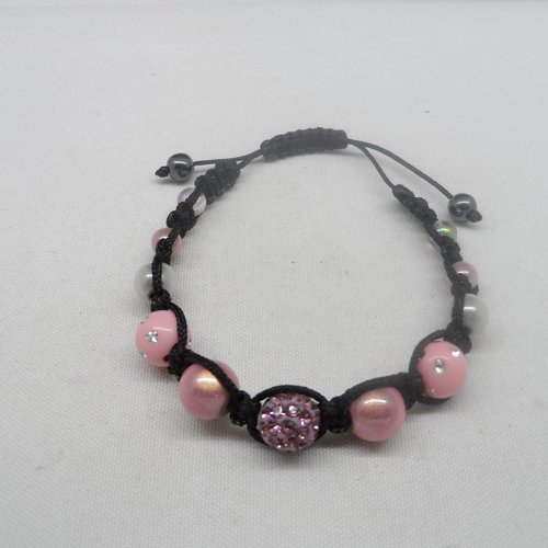 N°76 bracelet  shamballa perles strass rose et gris  cordelette noir n°37