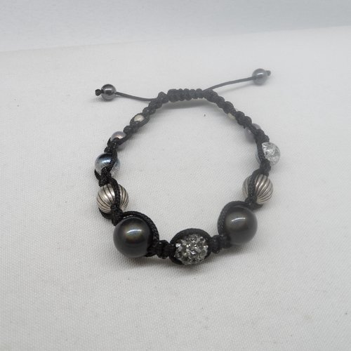 N°76 bracelet  shamballa perles strass gris cordelette noir n°39