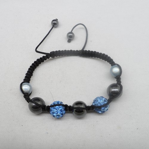 N°76 bracelet  shamballa perles strass bleues cordelette noir n°41