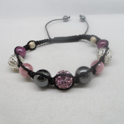 N°76 bracelet  shamballa perles strass rose  argenté cordelette noir n°42