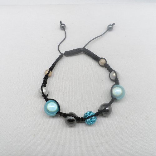 N°76 bracelet  shamballa perles strass bleues cordelette noir n°47
