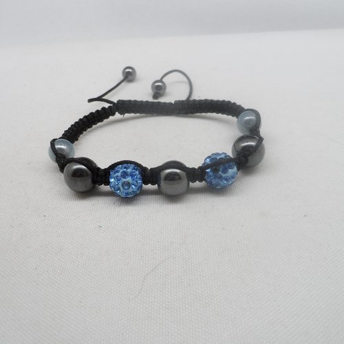 N°76 bracelet  shamballa perles strass bleues cordelette noir n°54