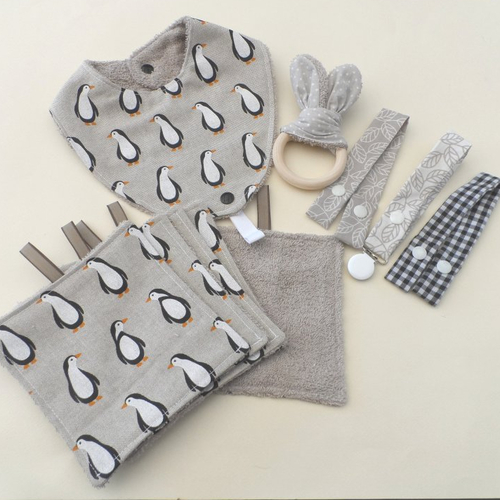 N°8 "coffret bébé" comprenant bavoir , lingettes, anneau lapin, attache sucette  motifs  pingouin