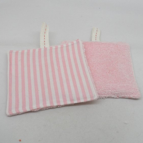 N°7  2 lingettes  démaquillantes lavables une face coton à rayures rose et blanche une face éponge rose