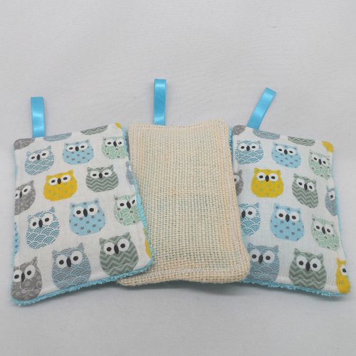 N°23 lot de 3 éponges lavable réutilisable zéro déchets  coton thème chouettes bleues