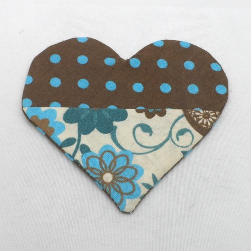 N°69 marque page cœur tissu  bleu turquoise et chocolat à pois et fleuri