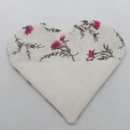 N°69 marque page cœur tissu   fond blanc casé fleurs fuchsia
