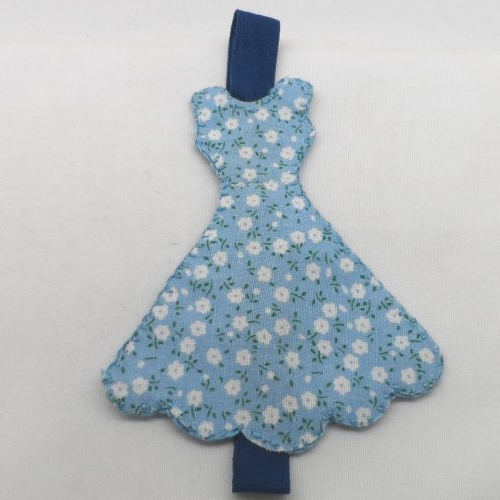 N°24  marque page robe en  tissu  à fleurs blanches fond bleu élastique bleu