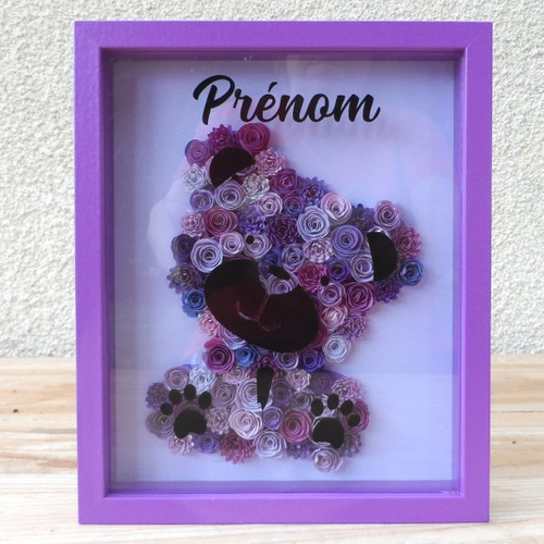 N°130 cadre violet  ourson   à personnaliser (le prénom)  avec des fleurs en papier violet