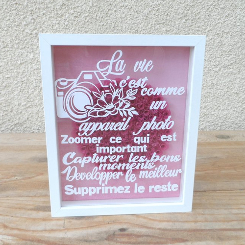 N°134 cadre blanc   3d citation "la vie c'est comme un appareil photo...."  avec des fleurs en papier