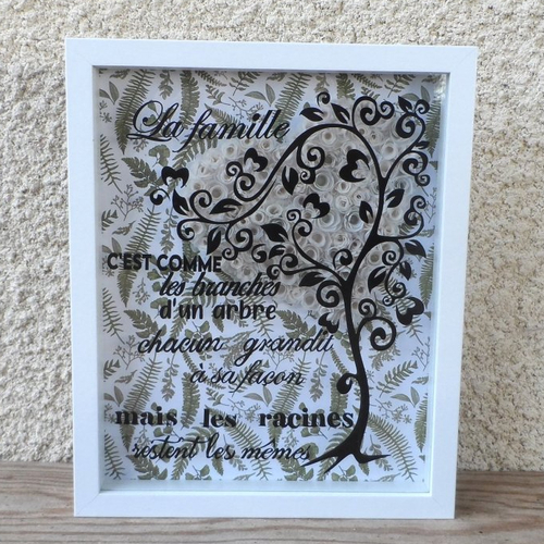 N°118 cadre blanc 3d citation "la famille c'est comme les branches d'un arbre chacun grandit à sa façon mais les racines restent ...."