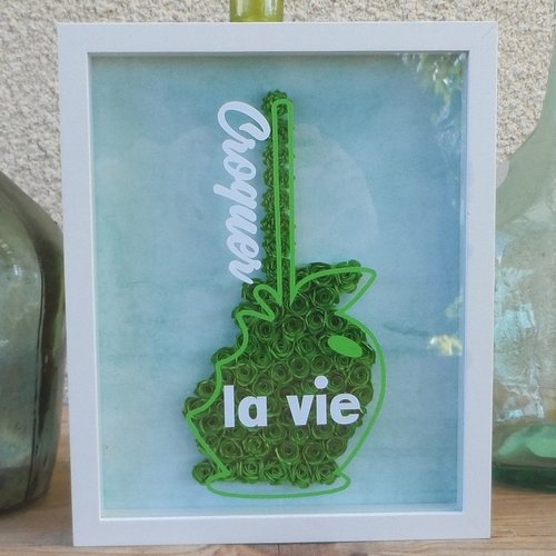 N°141 cadre blanc 3d citation "croquer la vie"  avec des fleurs en papier vert