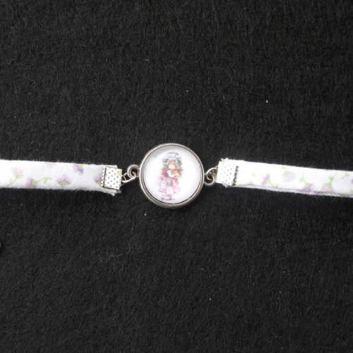 N°80 bracelet enfant cabochon 16 mm  sarah kay  tissu fleurs violette breloque fleur 