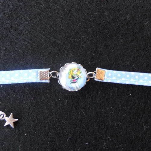 N°80 bracelet enfant cabochon 16 mm personnage   tissu  pois blanc fond 