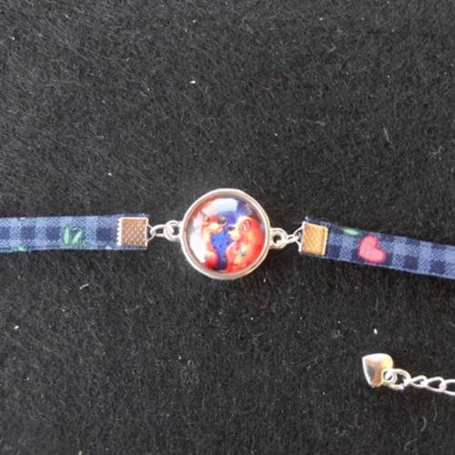 N°80 bracelet enfant cabochon 16 mm couple de chiens   tissu vichy noir et bleu cœur rose 